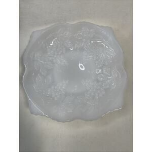 Vintage Anchor Hocking Milk Glass Bowl Pedestal Grape & Vine Pattern 10”